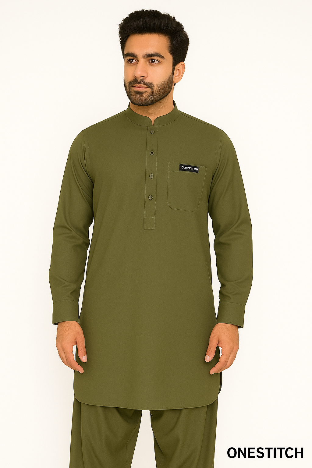 Men's Olive Green Shalwar Kameez - Premium Wash & Wear Fabric