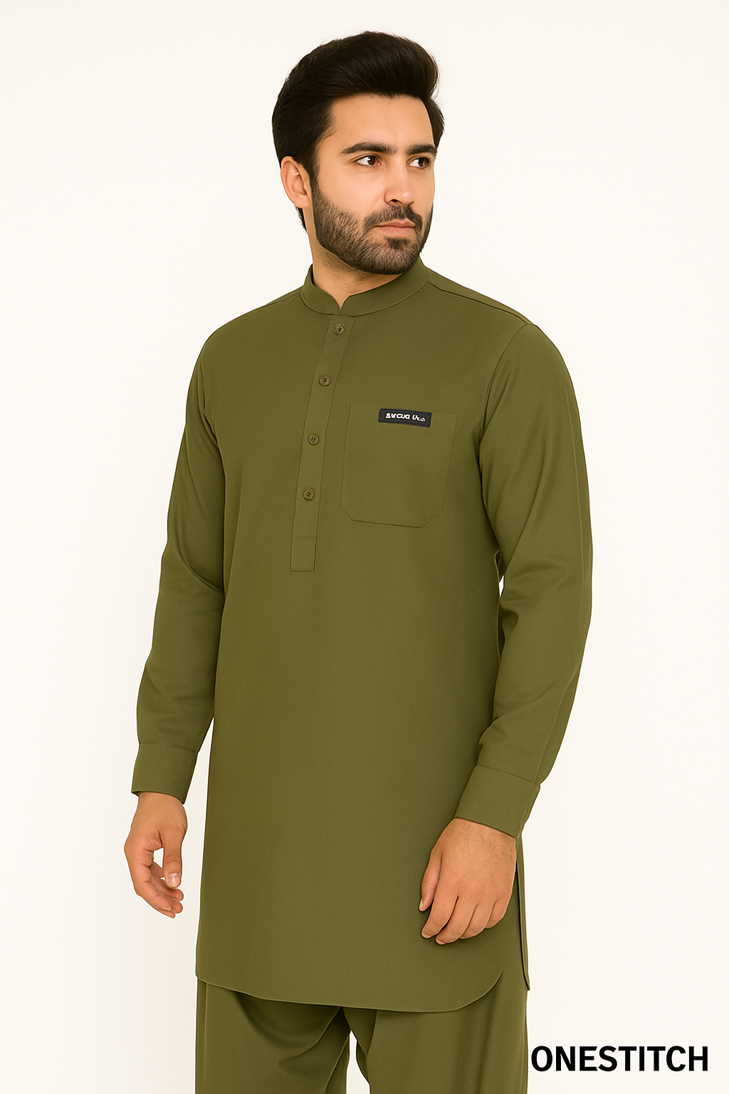 Men's Olive Green Shalwar Kameez - Premium Wash & Wear Fabric