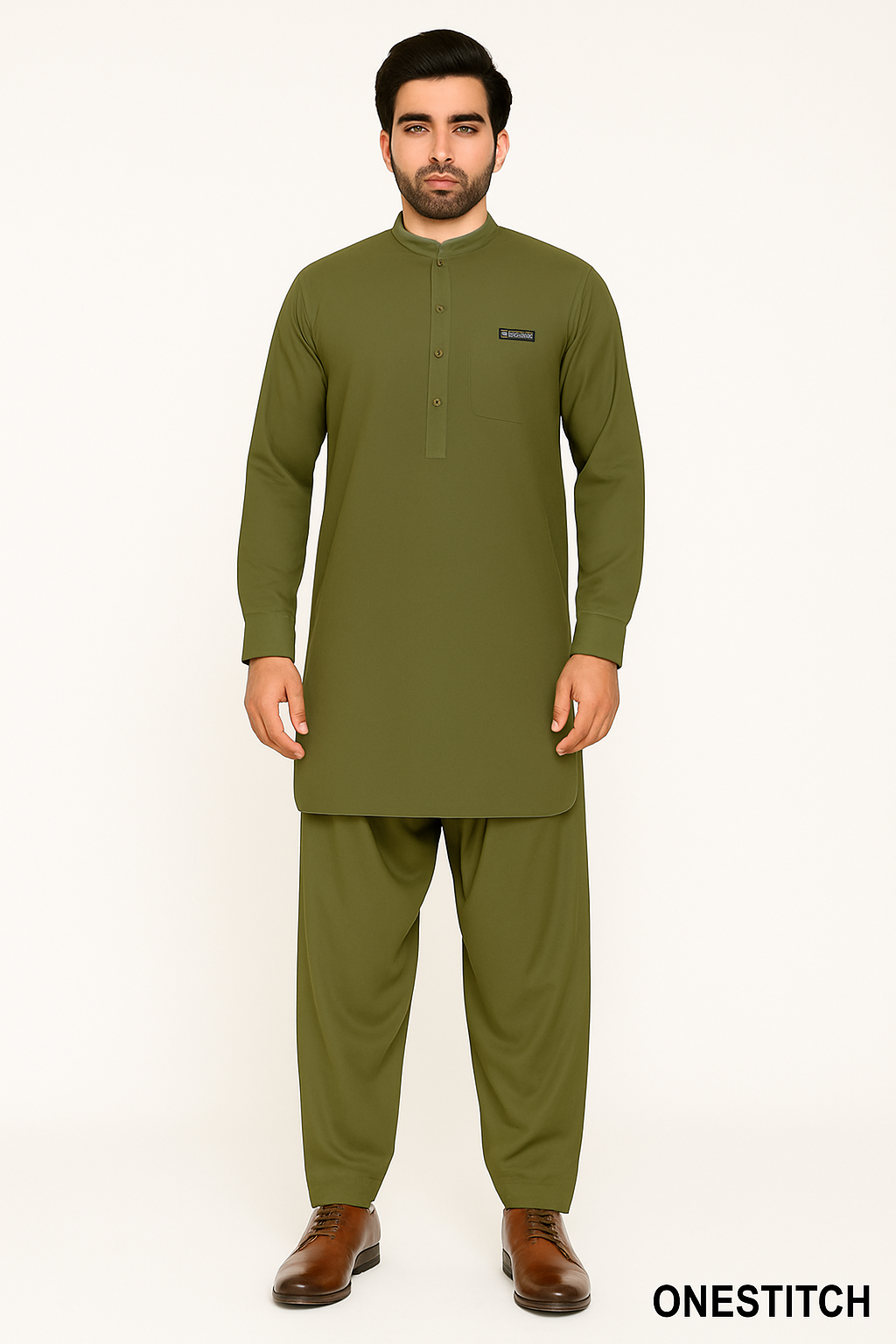 Men's Olive Green Shalwar Kameez - Premium Wash & Wear Fabric