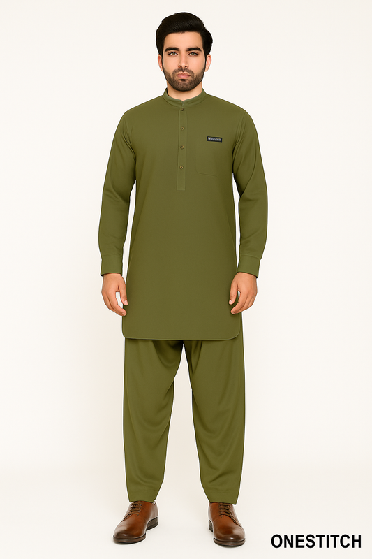 Men's Olive Green Shalwar Kameez - Premium Wash & Wear Fabric