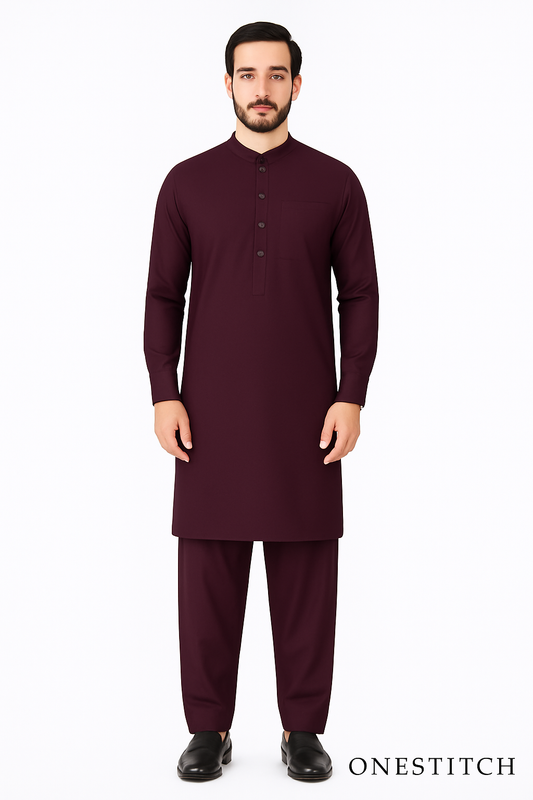Men’s Premium Unstitched Lawn Suit – Deep Maroon
