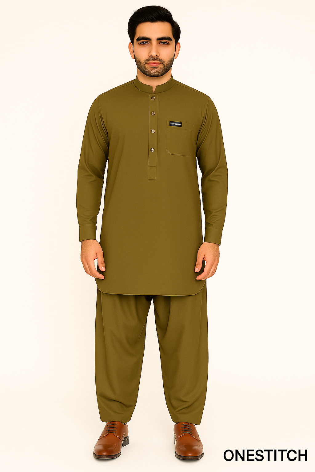 ONESTITCH Olive Brown Shalwar Kameez – Premium Collar Style