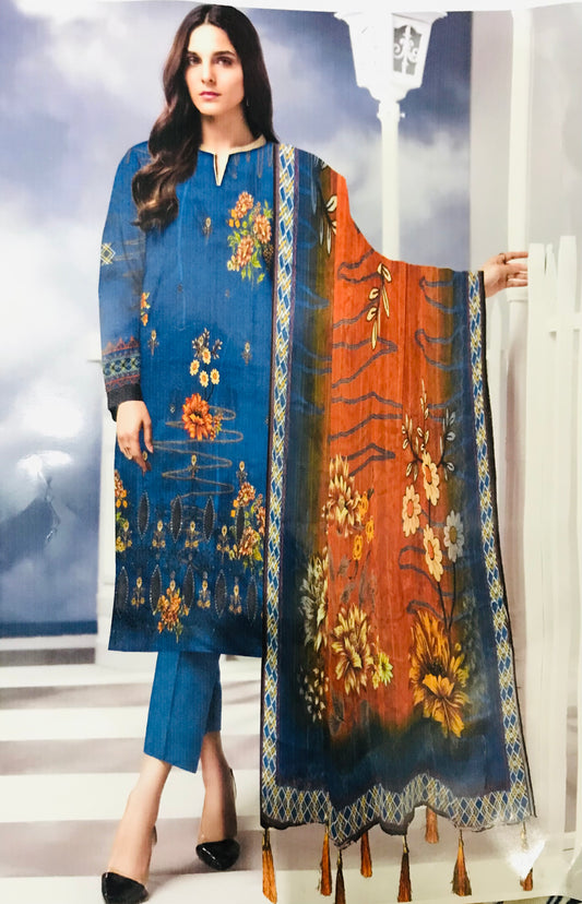 Digital Print Lawn LaserCut Daman Embroidered Shirt With Bamber Tassal Dupatta