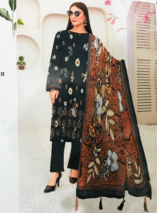 Digital Print Lawn LaserCut Daman Embroidered Shirt With Bamber Tassal Dupatta