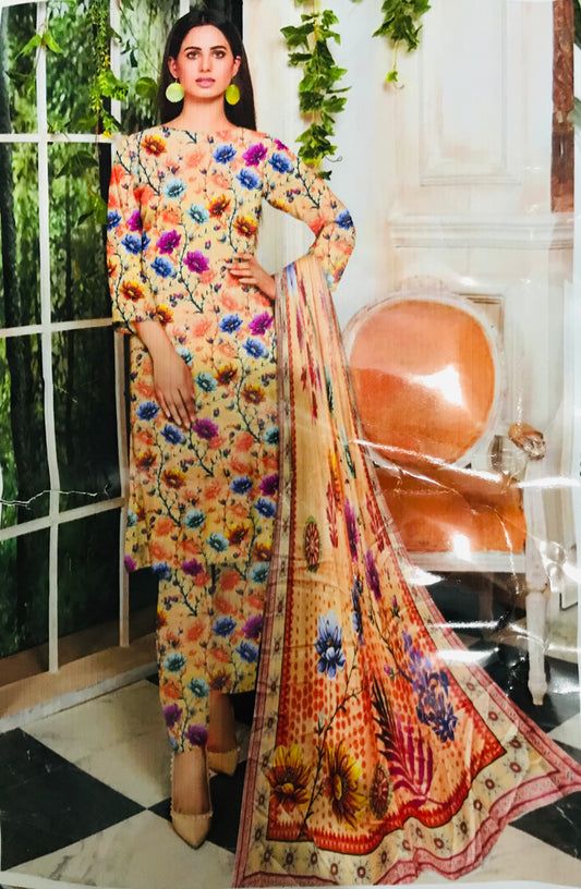 Ideas Digital Print Bana Dora Slub Shirt With Voil Dupatta