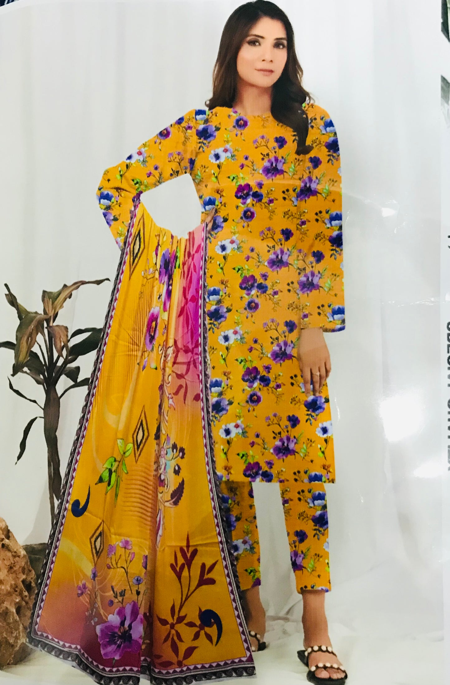 Ideas Digital Print Bana Dora Slub Shirt With Voil Dupatta