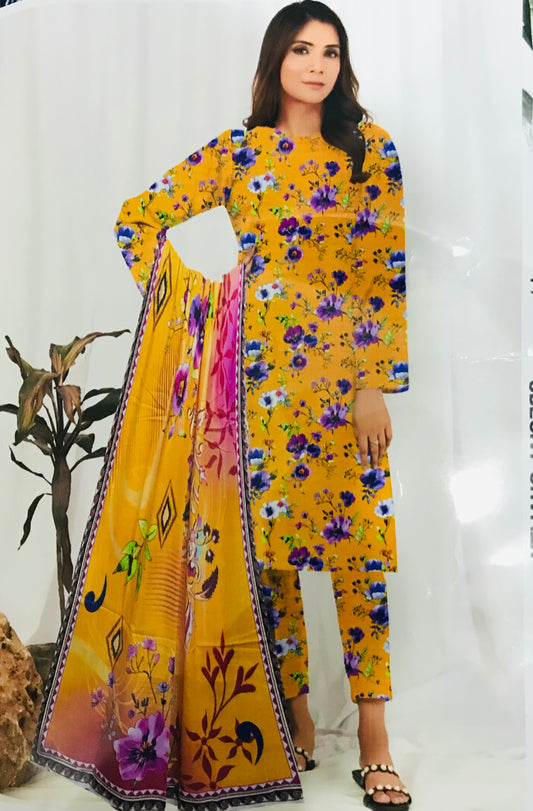 Ideas Digital Print Bana Dora Slub Shirt With Voil Dupatta