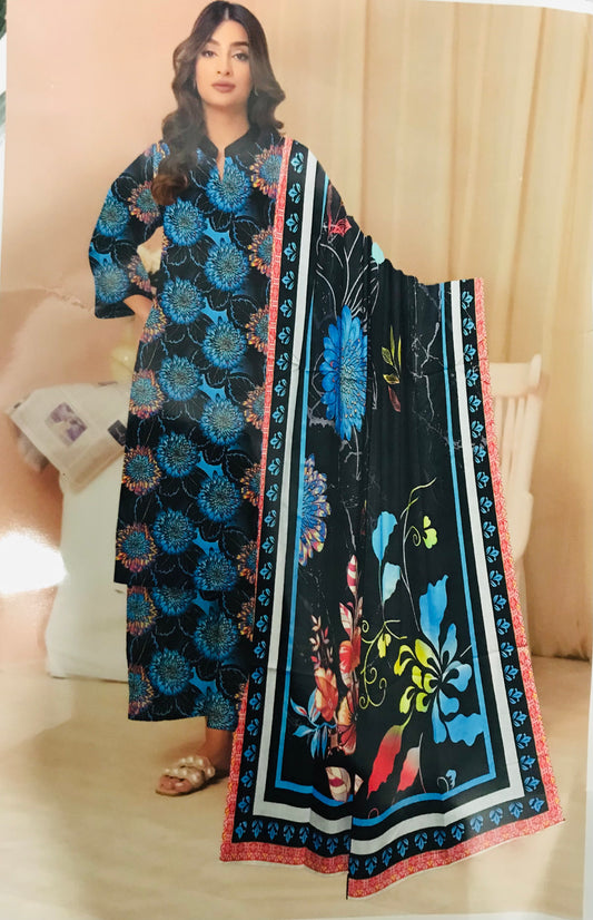 Ideas Digital Print Bana Dora Slub Shirt With Voil Dupatta