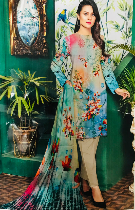 SANA SAFINAZ PRIMIUM LAWN  (Digital Print Lawn Bana Dora Shirt With Voil Dupatta)
